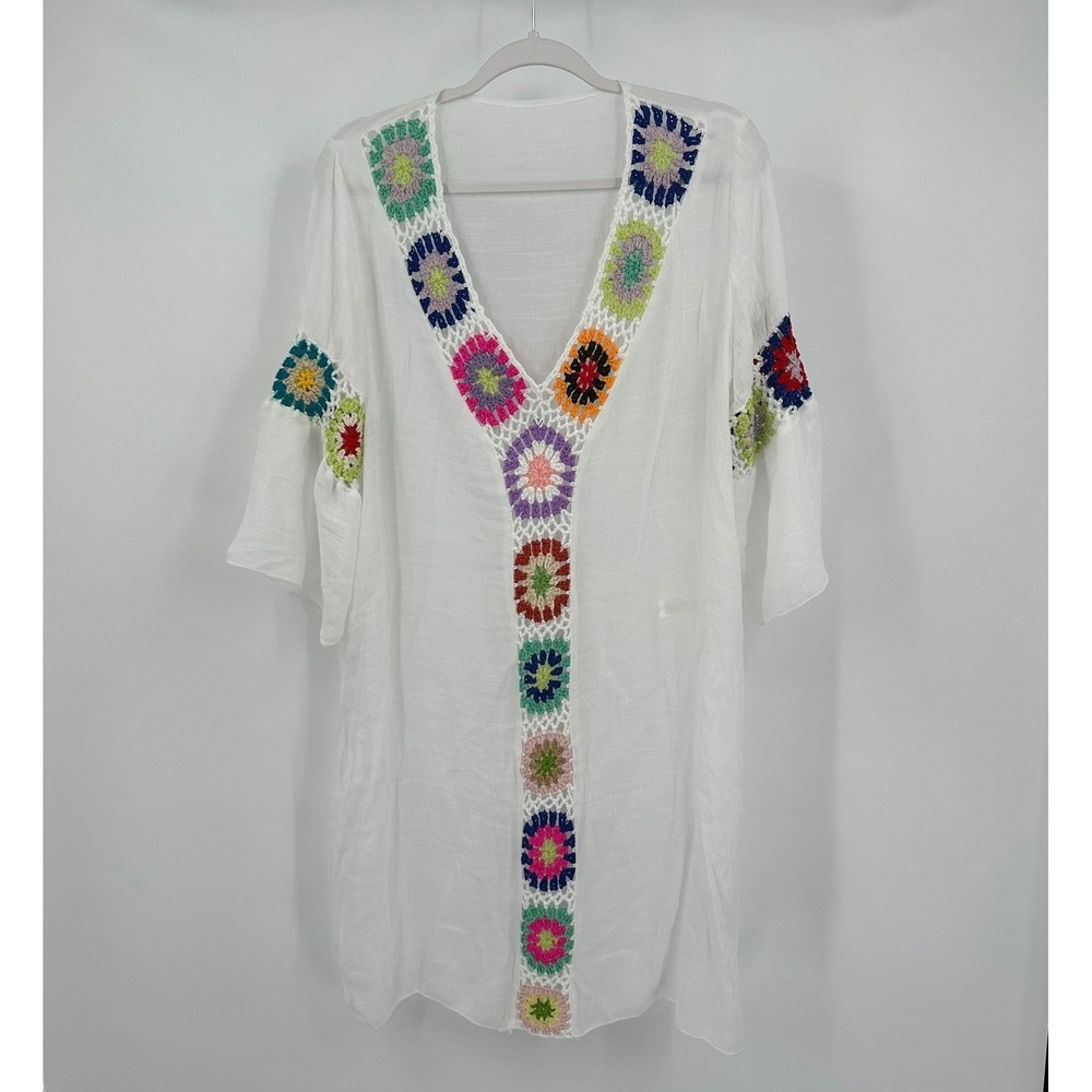 Womens Boho Crochet Granny Square Trim Cover Up Dress Size L Resort Coastal